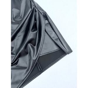 Black Left-Side Runch Vegan Faux PU Bodycon Pencil Leather Skirt L